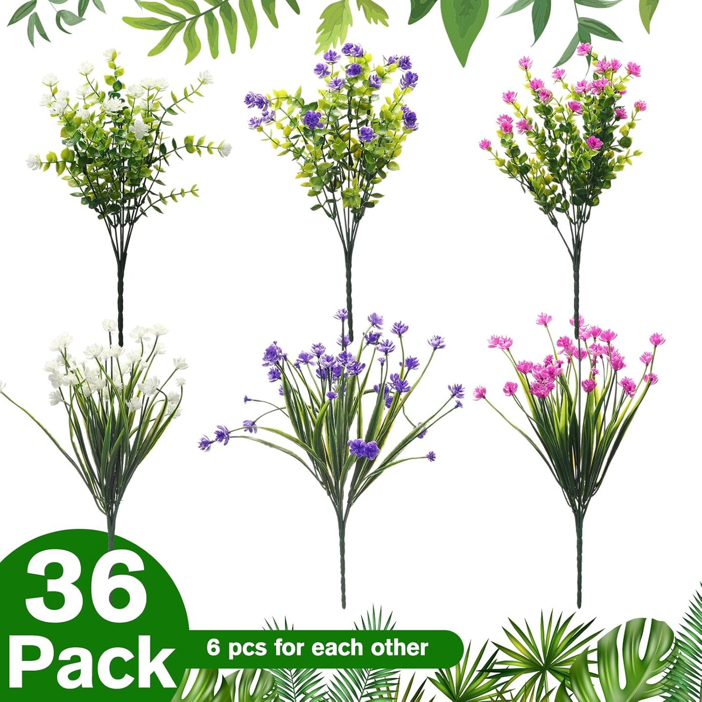 36 Bundles Artificial Flowers – UV Resistant Faux Plants for Outdoor & Home Decor (Delicate Colors)