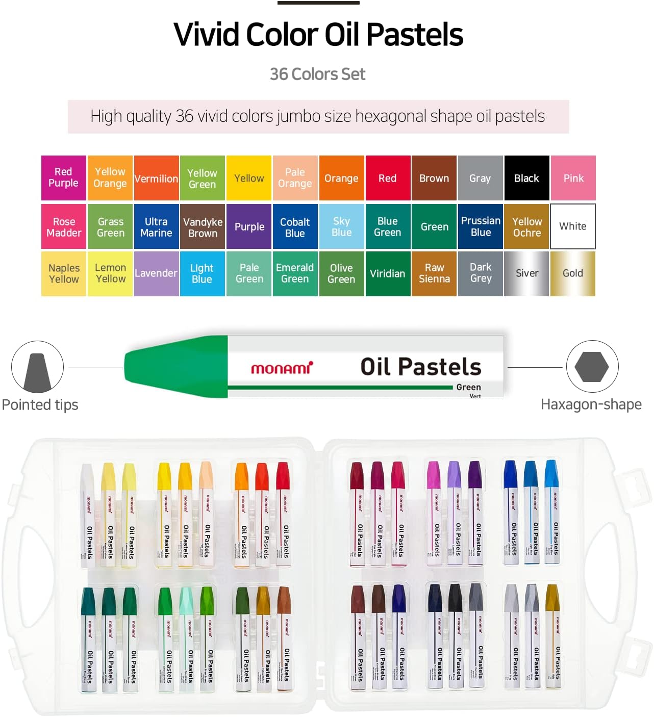 Oil Pastels, Jumbo Size Hexagonal Shape Oil Pastels for Kids and Students with Handy Carrying Case, 36 Vivid Colors Pack
