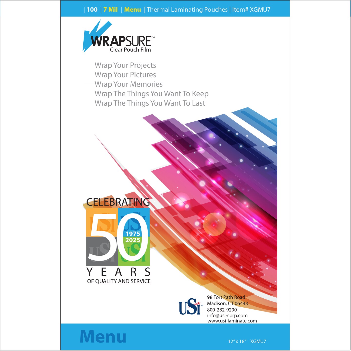USI WrapSure 7 Mil Thermal Laminating Pouches, 100-Pack, 12&#x22;x 18&#x22; Menu Size, Clear Gloss, Rounded Corners