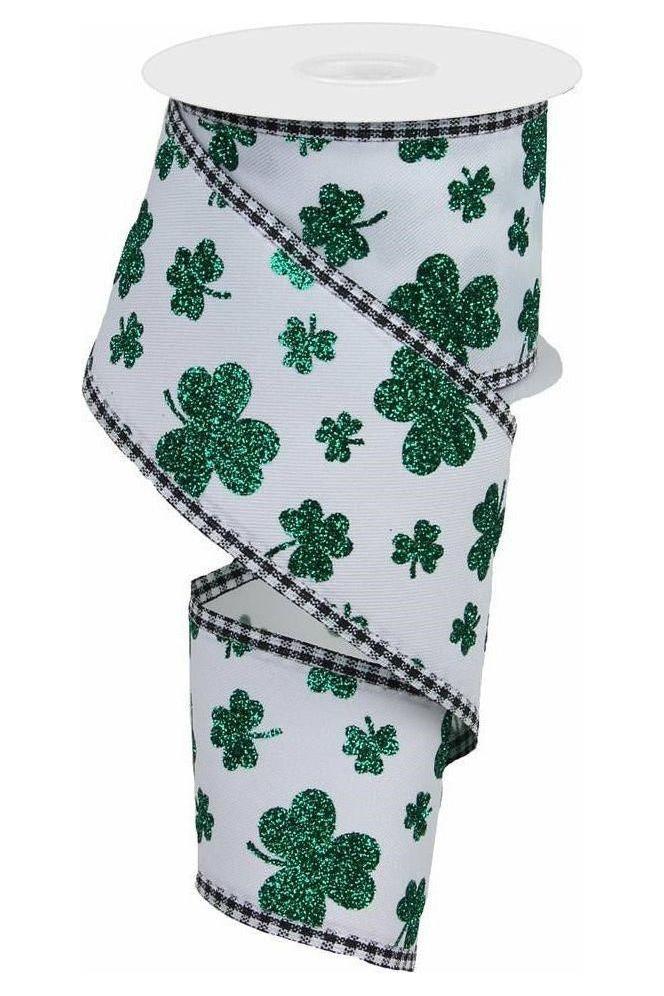 2.5&#x22; Glitter Shamrocks Gingham Ribbon: White (10 Yards)