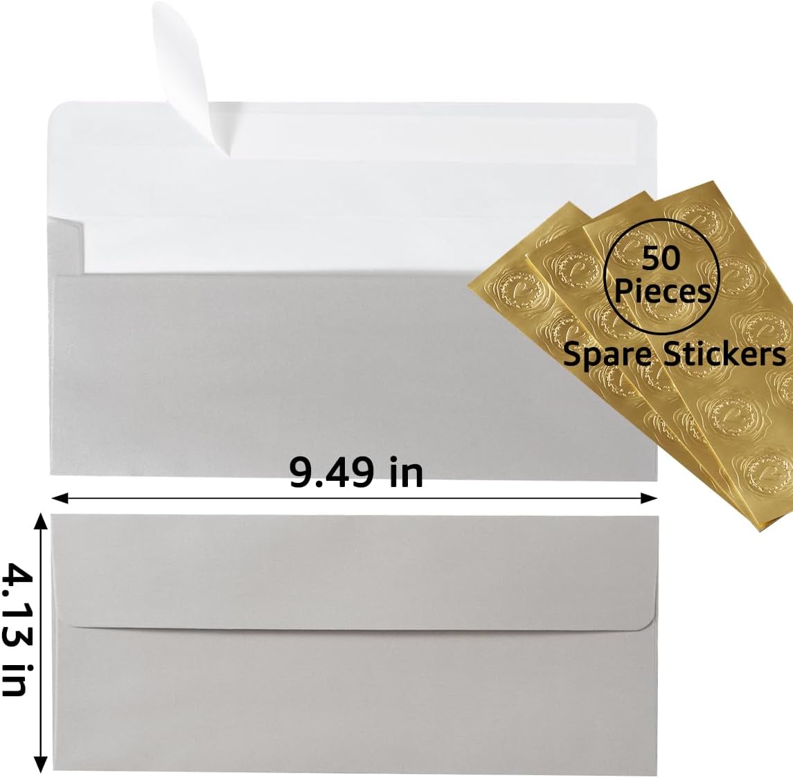50 Pack Shiny #10 Business Envelopes Self Seal Standard Envelopes with Gold Stickers for Office Checks, Business Cards, Letter Mailing Invoices, 4.13 x 9.49 Inches (Silver)