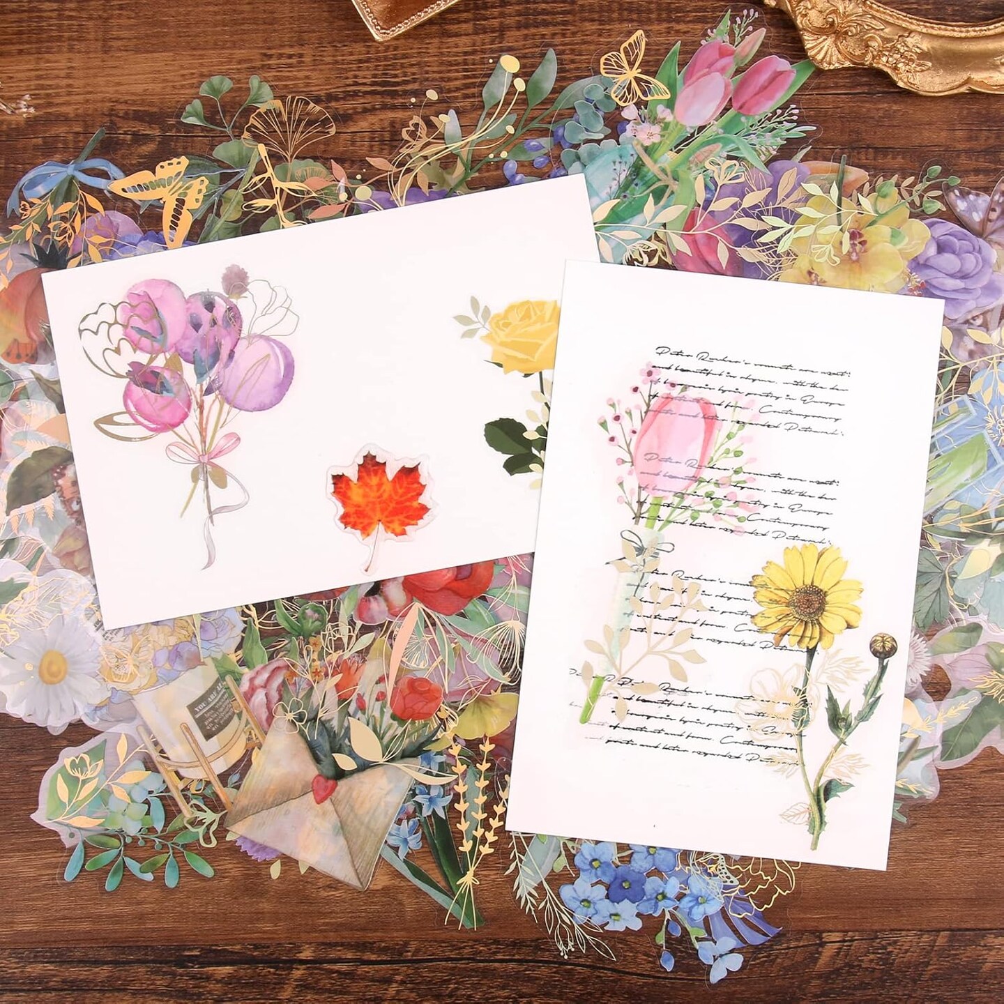 Gilding Flower Stickers (240 Pieces) - Glitter Watercolor Transparent Stickers for Card Making Scrapbooking Envelopes Wrapped Gifts Arts and Crafts Journaling