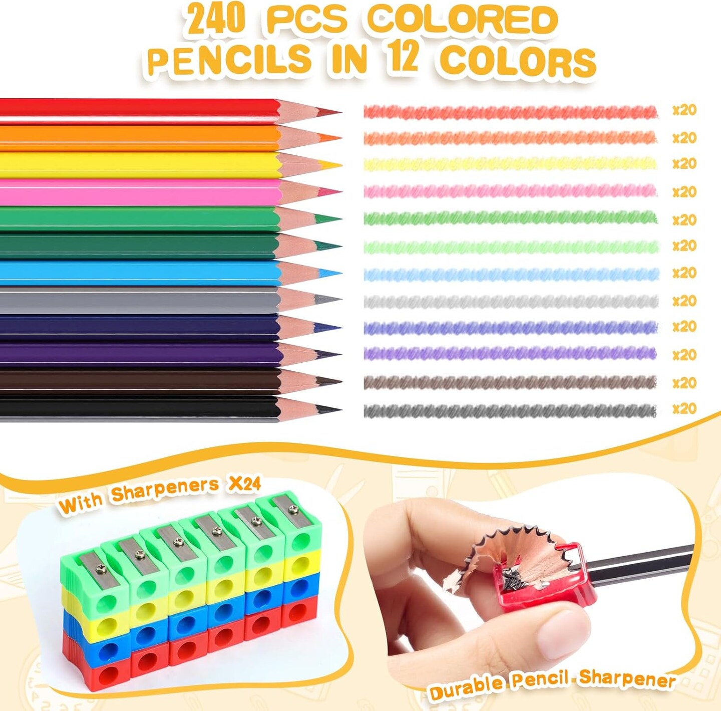 240 Packs Colored Pencils Bulk Classroom, Colored Pencils for Kids 12 Assorted Colors, Coloring Pencil Set Plus 24 Sharpeners, Pre-sharpened Color Pencils