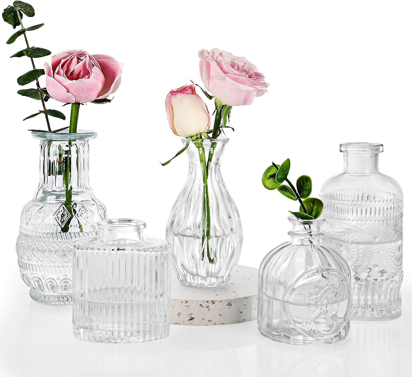 Set of 5 Bud Vases, Small Vase for Flowers, Glass Vase for Home Decor, Wedding Decorations, Clear Flower Vases for Centerpieces, Vintage Vase for Home Decor 2.56"L x 2.56"W x 4.92"H