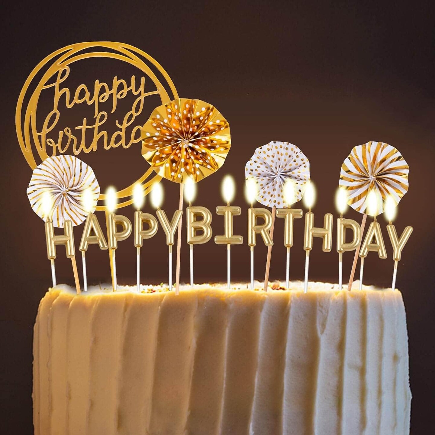 Birthday Candles Set - Cake Topper Decoration with Cake Candles Confetti Balloon Stars and Fan Cupcake Toppers 12 Pieces Birthday Cake Decor for Birthday Party Celebration (Gold)