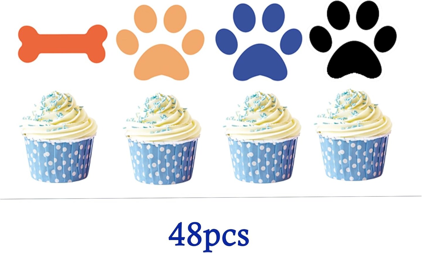 48 Pcs Blue Paw Cupcake Toppers for Baby Shower, Birthday Parties