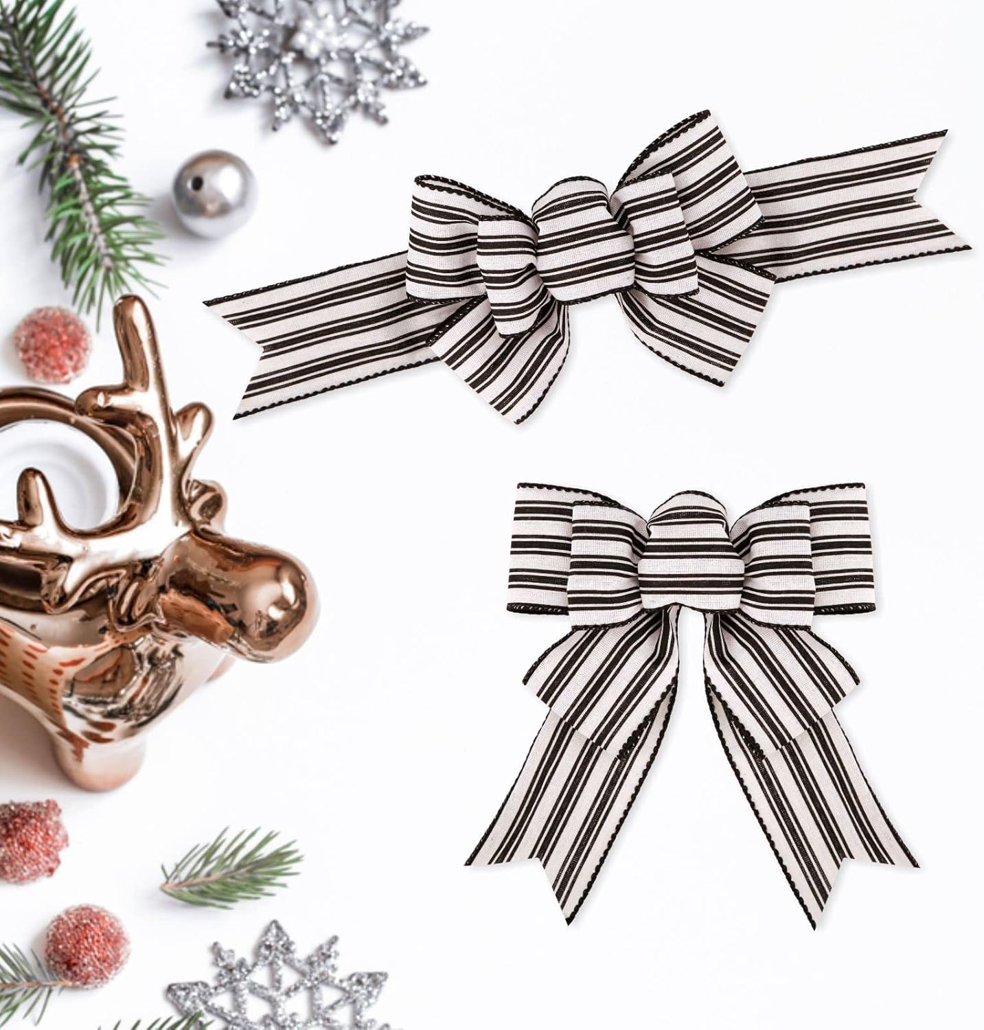 2PCS Farmhouse Striped Burlap Bows – Black & White Wired Ribbon for Wreaths, Tree & Gift Decor