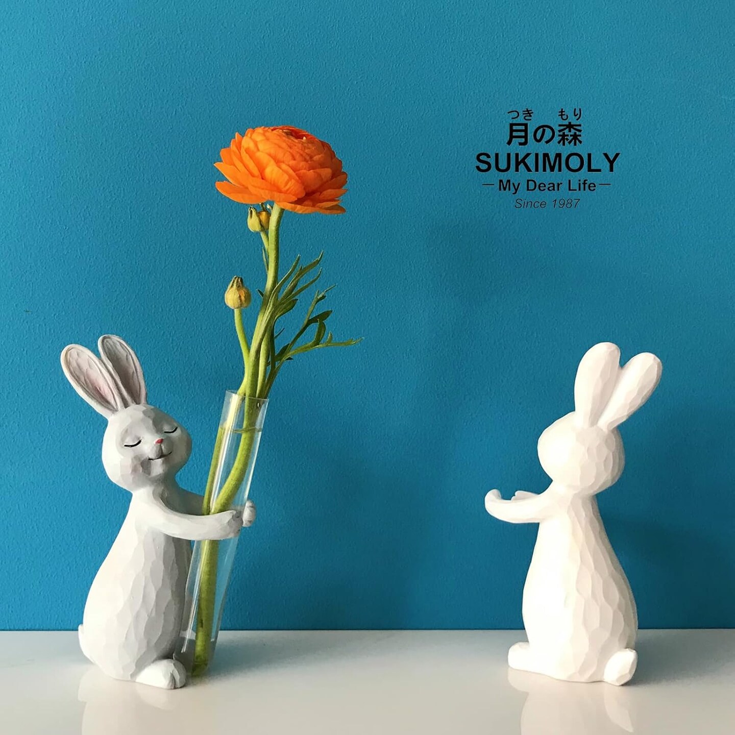 Easter Rabbit Figure Flower Vase, Sculpted Hand-Painted Resin Figurine Statue, Inner Peace Home Decor House Warming Birthday Friendship Figurines Gifts - Pearl White