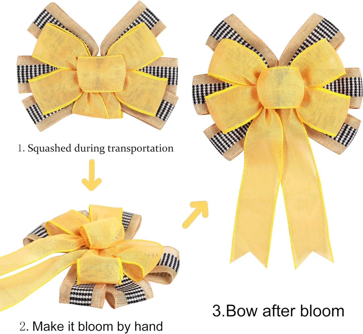 2 PCS Spring Summer Wreath Bow Decor,Decorative Bow with Yellow Burlap and Black White Stripe Ribbon for Holiday Tree Topper Home Front Door Outdoor