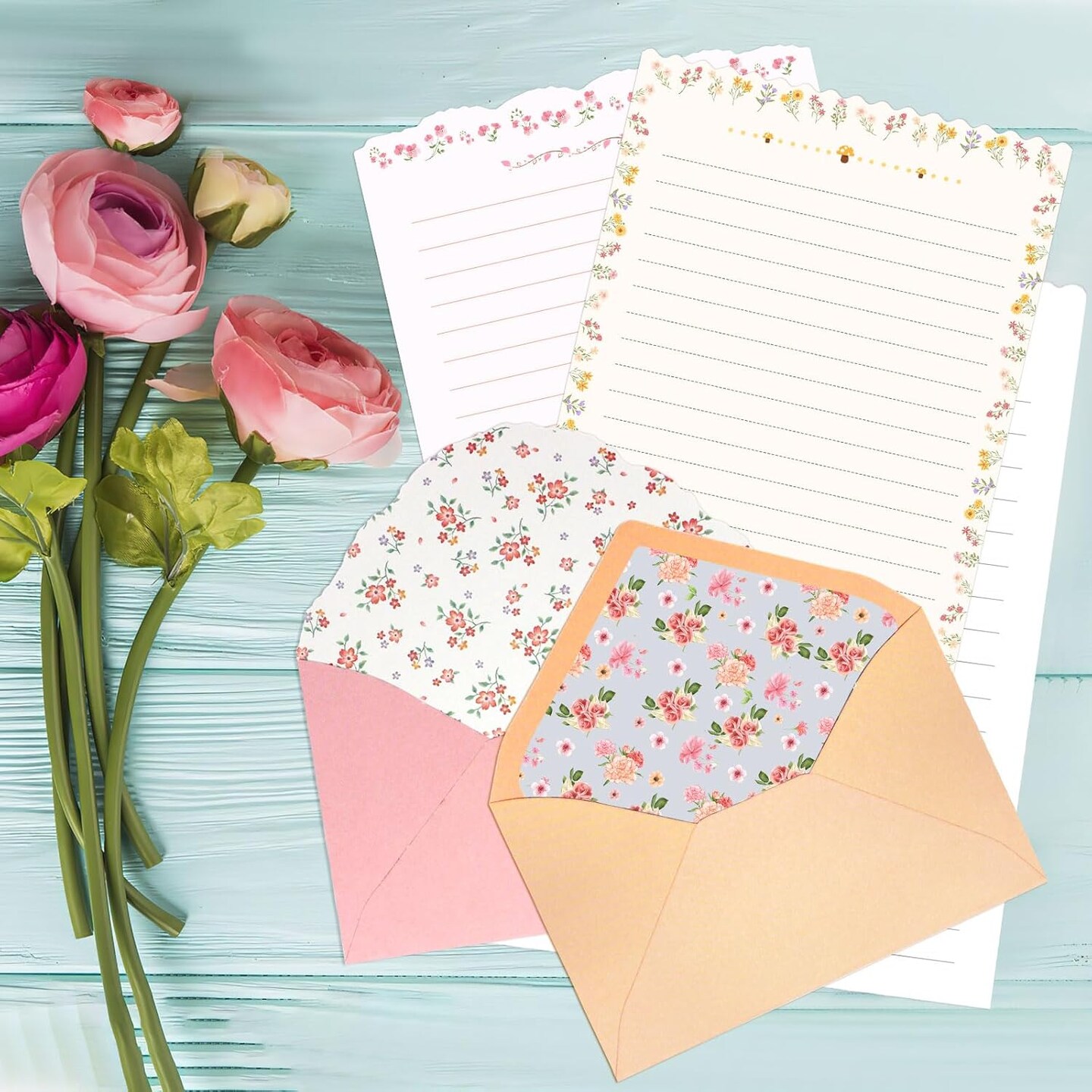 Stationary Paper and Envelopes Set, 24 PCS Writing Stationery Paper with 12 PCS Envelopes, Warm Floral Themed Envelope and Stationery Design for Invitations Gift Decorations Holiday Party