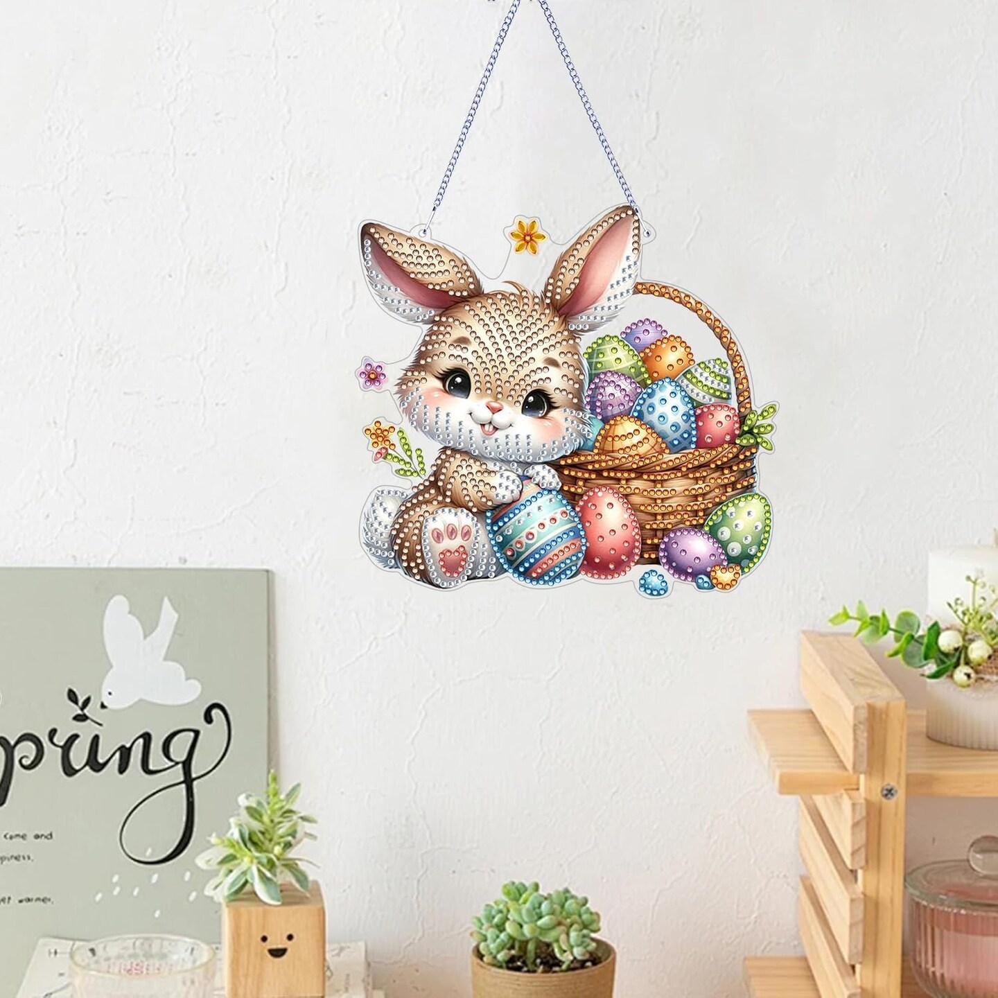 DIY Easter Bunny Hanging Diamond Art Kit – Special Crystal Resin Pendant 6.6×7 Inch Acrylic Diamond Painting Ornament