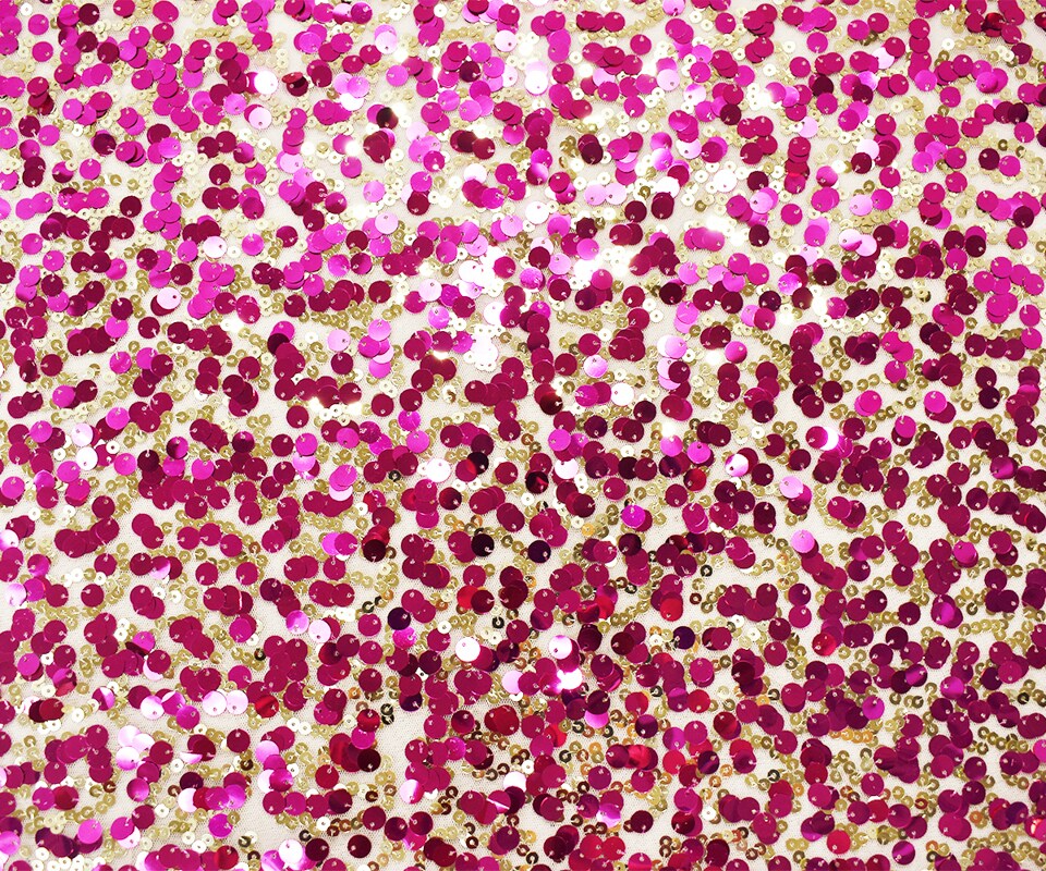 Fuchsia Pink-Gold-Beige Nylon Sequined Mesh Tulle Fabric By the Yard