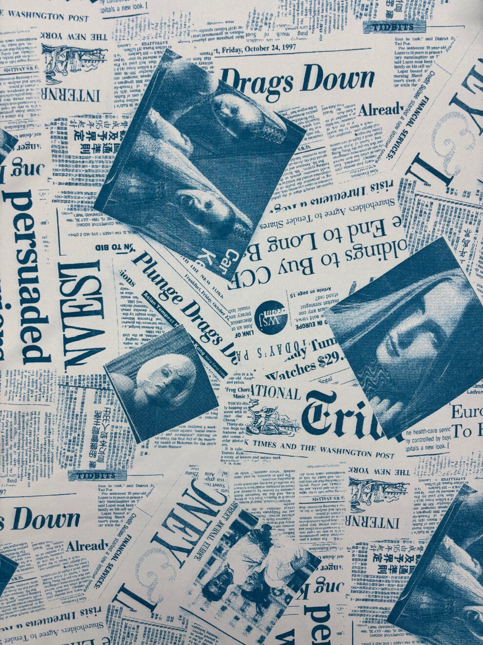 1 Yard Blue Newspaper Print Stretch Spandex Fabric for Activewear and Costumes 58/60 Inches Wide