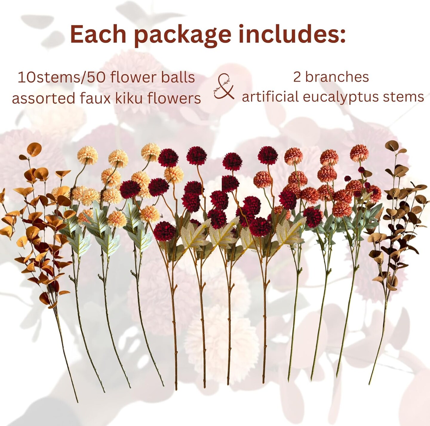 Fall Artificial Flowers Burnt Orange Kiku Eucalyptus Stems Faux Mums Floral Centerpiece Vase Arrangement Autumn Home Table Decor Bulk Bouquet