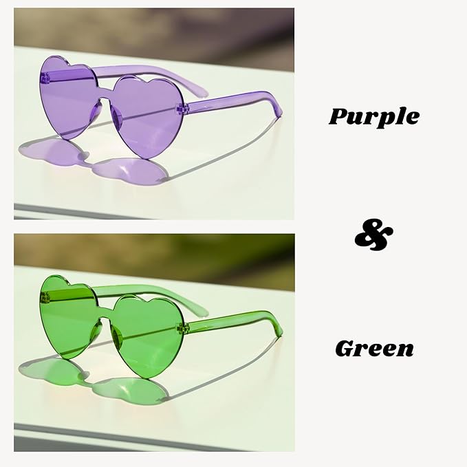 4E's Novelty 2 Pack Heart Shaped Sunglasses for Women - Cute Green & Purple Heart Sunglasses for Parties, Festival & Valentines