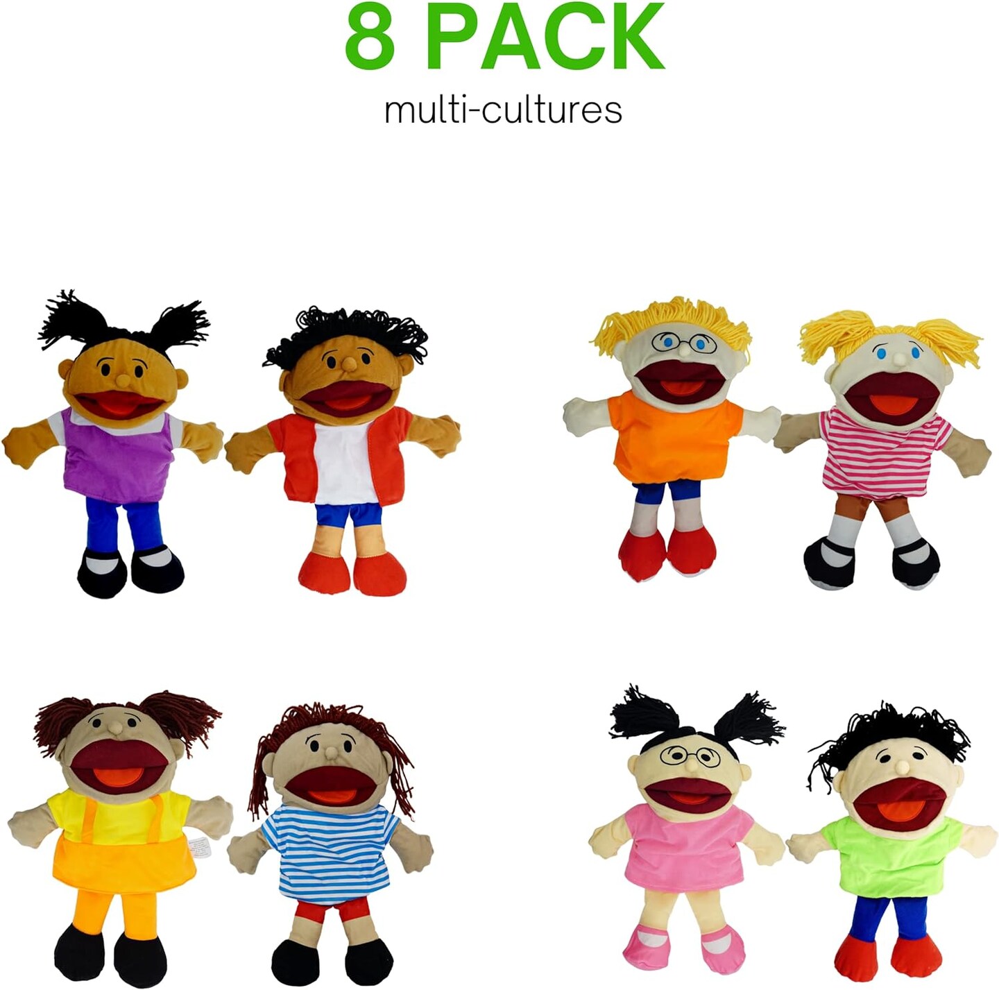 4E&#x2019;s Novelty 8 Pack Multicultural Hand Puppets for Kids with Movable Mouth&#x2014;Soft Plush for Puppet Show Theater
