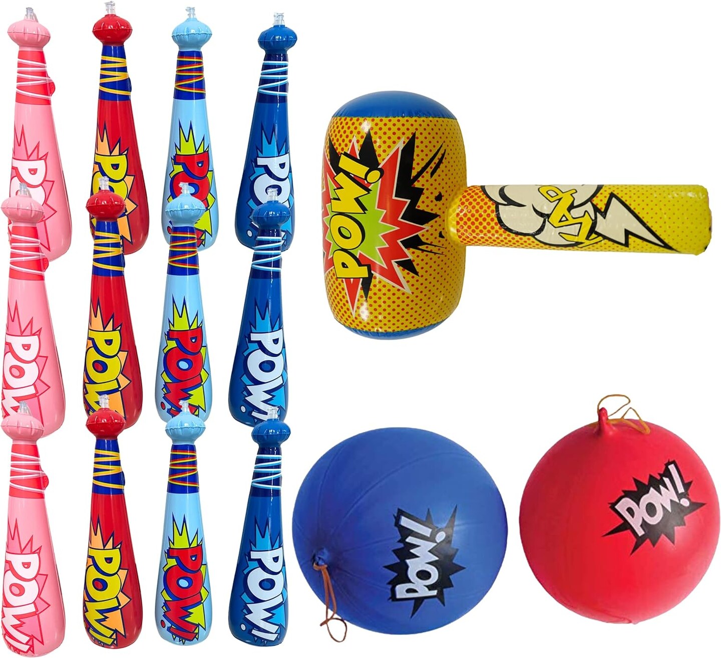 4E's Novelty 25 Piece Set Inflatable Baseball Bats With Pow Design, 12 Punch Balloons For Kids, 1 Huge 30" Bopper For Super Hero Birthday Bat, Carnival Prizes, And Baseball Bat Blow Up Fun, Ages 3+
