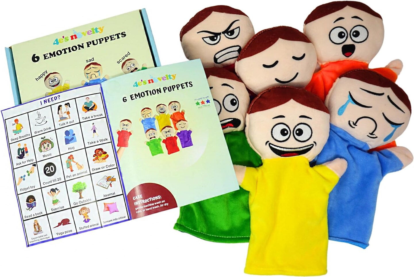 4E&#x27;s Novelty 6 Pack Emotion Hand Puppets for Kids &#x2013; Soft Plush 6 Emotions Hand Puppets for Toddlers 3-8
