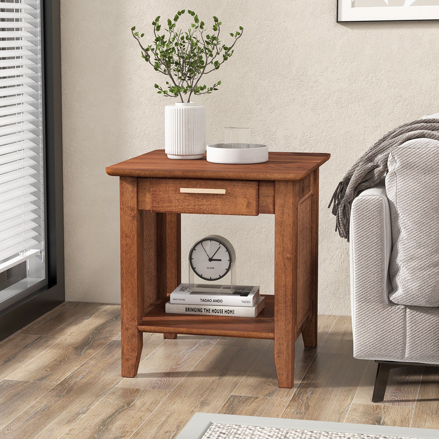Rattan Bedroom Nightstand with Drawer and Lower Storage Shelf
