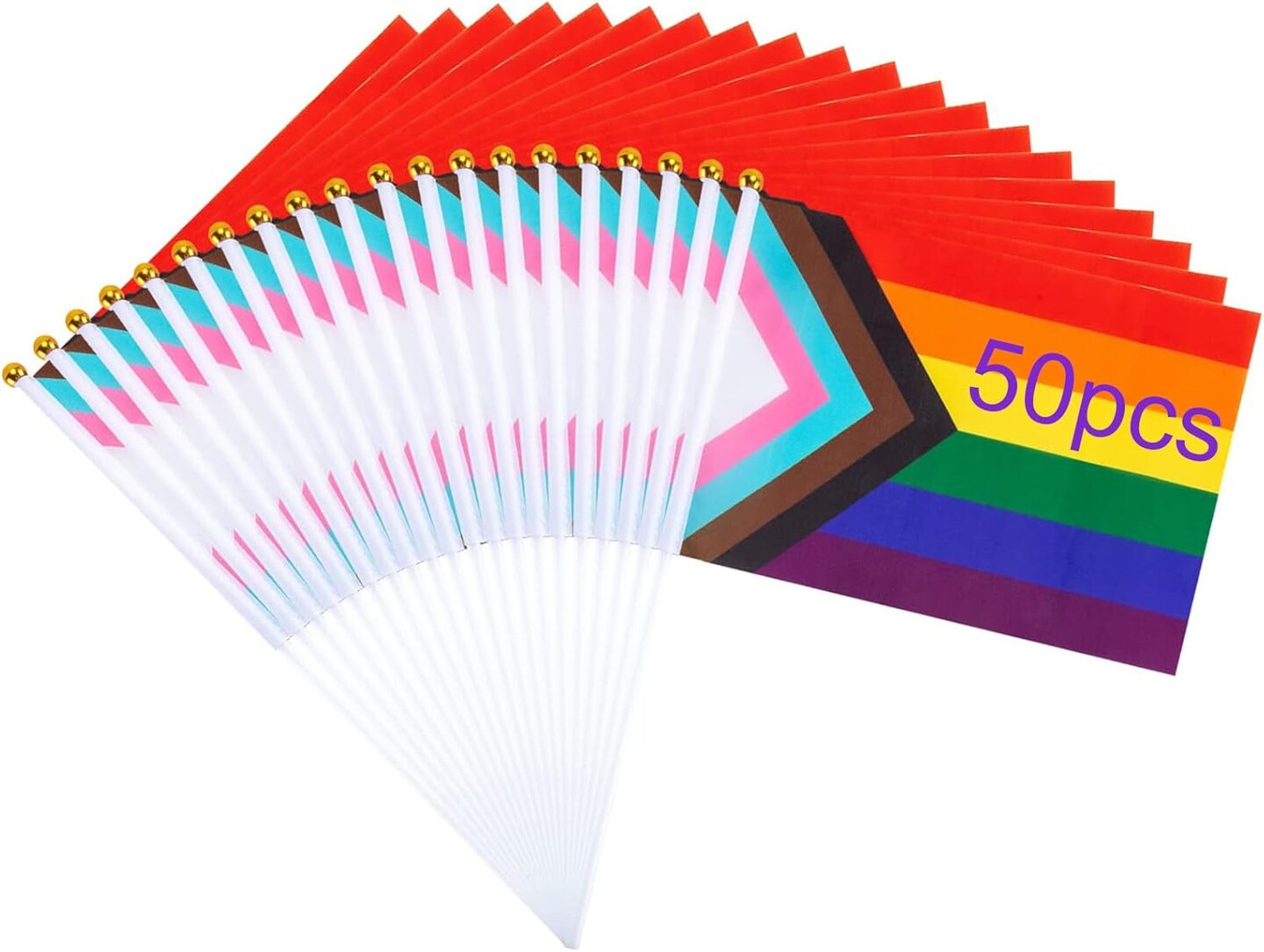 Progress Rainbow Pride Flags, 50 Pack Small Mini Hand Held Stick Flags, Ideal for LGBT Parades, Pride Month, Office & Home Decor, Multicolor, 11.8 inches x 8.2 inches
