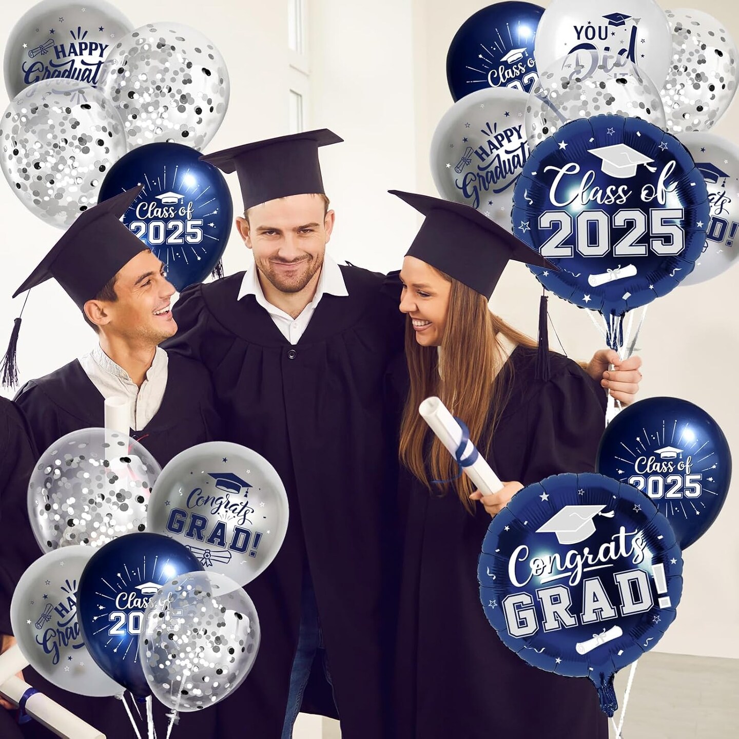 Navy Blue and Silver Graduation Balloons Graduation Decorations 2025, 51Pcs Grad Latex Balloons and Grad Foil Balloon with Confetti Ribbons Grad Party Decorations for College High School