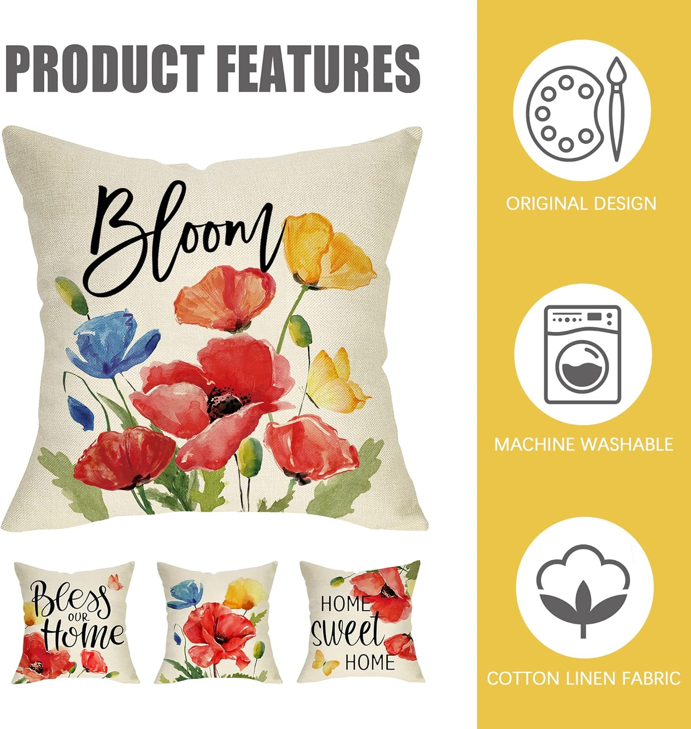 Poppy Floral Flowers Decorative Throw Pillow Covers 18 x 18 Set of 4, Spring Summer Bless Our Home Sweet Home Porch Patio Outdoor Pillowcase Bloom Sofa Couch Cushion Case Home Decor