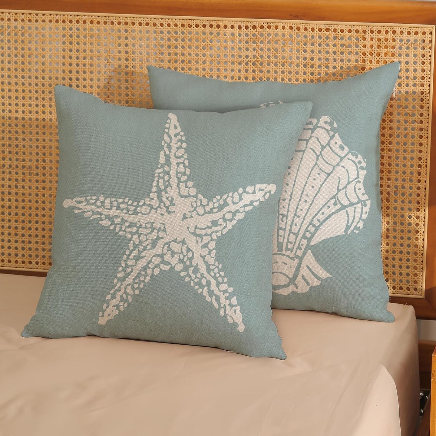 Coastal Pillow Covers 18x18 Inch 2 Pcs Seafoam Blue Starfish Decor Throw Pillows Seashell Nautical Beach Ocean Summer Outdoor Holiday Decoration Pillowcase Linen Cushion Cover for Couch Sofa