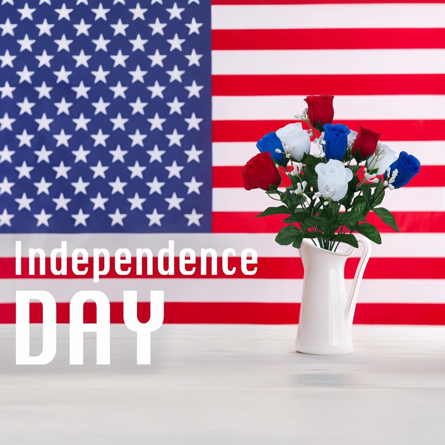 4 bundle set of artificial rosebud stems in red white and blue featuring 9 stems per bundle perfect for patriotic memorial bouquets cemetery decorations and celebrations for Memorial Day Veterans Day and Independence Day