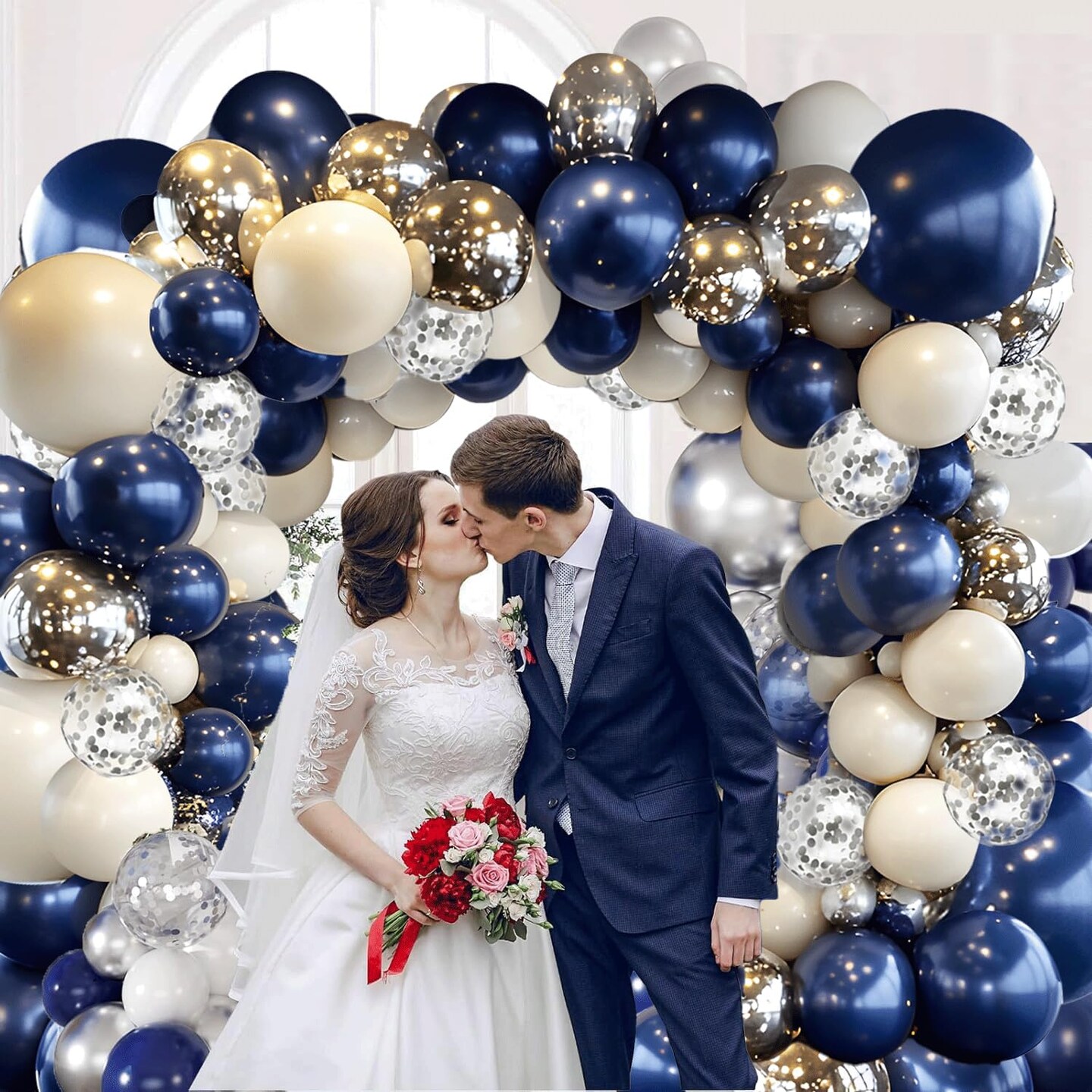 Navy Blue Silver Balloons Arch Kit, Double Stuffed Pearl White Royal Dark Blue Silver Chrome with Confetti Balloons Garland Kit for Birthday Baby Shower Wedding Graduation Father's Day Decorations