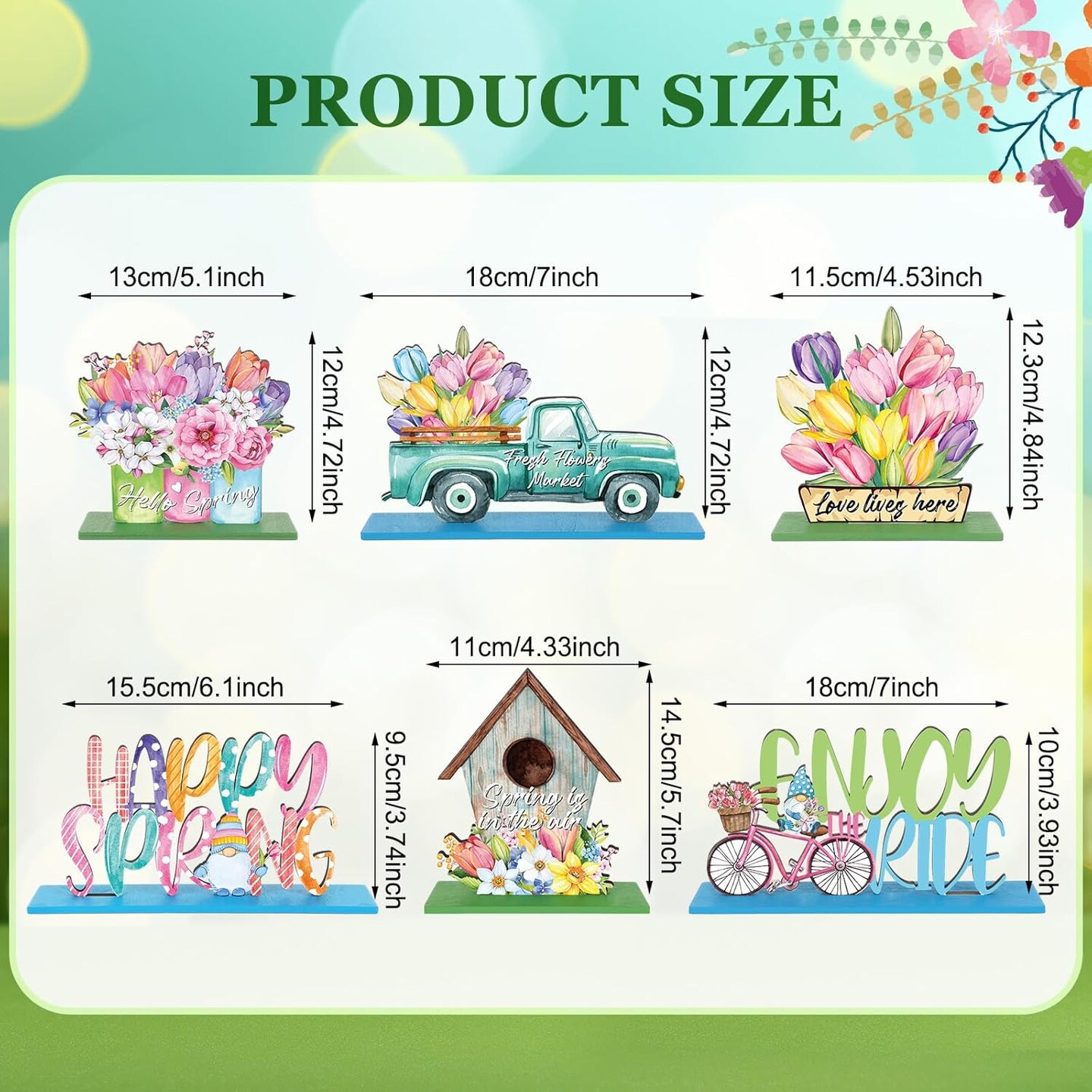 Spring Table Decorations, 6 Pcs Wooden Flower Signs, Rustic Freestanding Tabletop for Party Restaurant Decor (Spring, 4.72 inches / 12 cm)