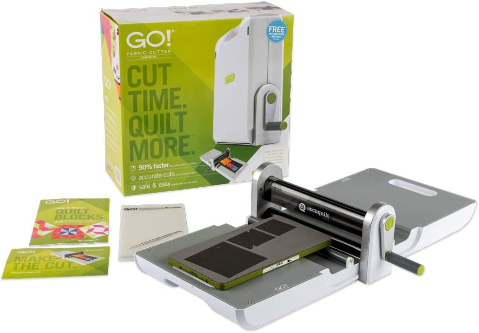 AccuQuilt GO! Fabric Cutter Starter Set including the GO! Fabric Cutter, GO! Value Fabric Cutting Die, GO! 6&#x201D; x 12&#x201D; Cutting Mat, 20 Pg Pattern Book, and Die Pick.