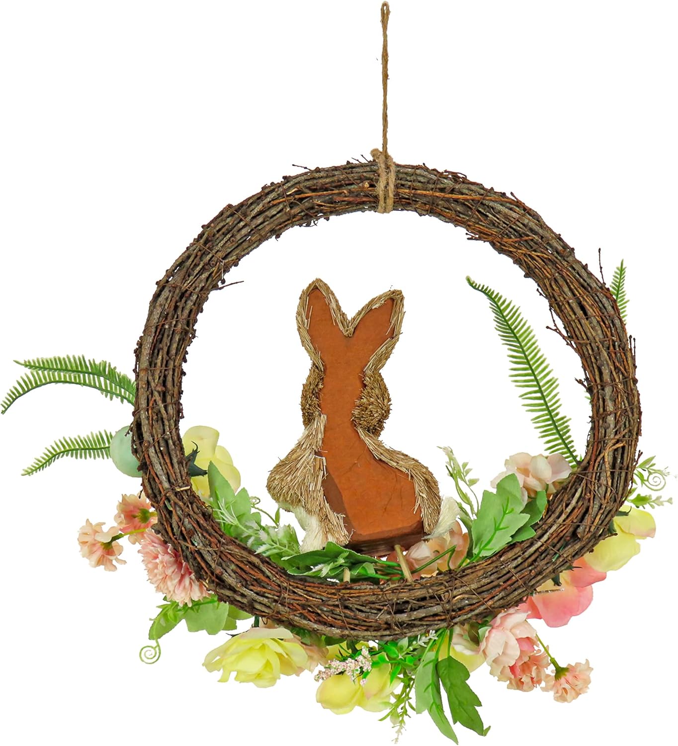 Artificial Hanging Wreath, Woven Branch Base, Decorated with Pastel Flower Blooms, Bunny, Leafy Greens, Easter Collection, 16 Inches