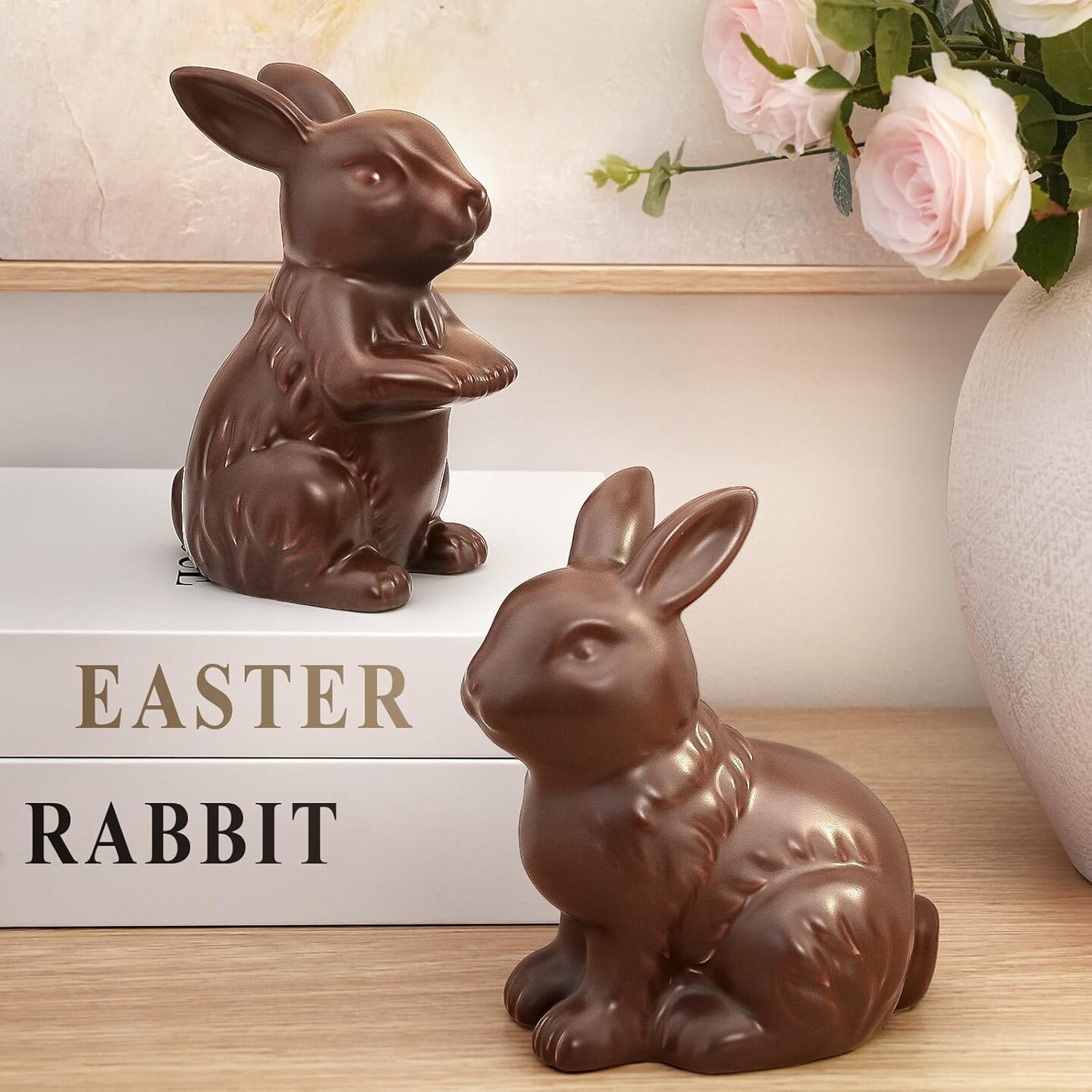 Easter Decorations – Set of 2 Chocolate Ceramic Bunny Figurines, Modern Easter Ornaments for Home, Elegant Table Centerpiece, Mantel, Living Room, Bedroom & Office Décor