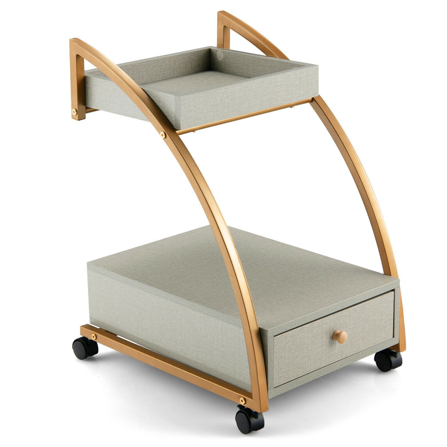 Grey-Gold Modern Rolling Side Table with 2 Tier Shelves and Drawer