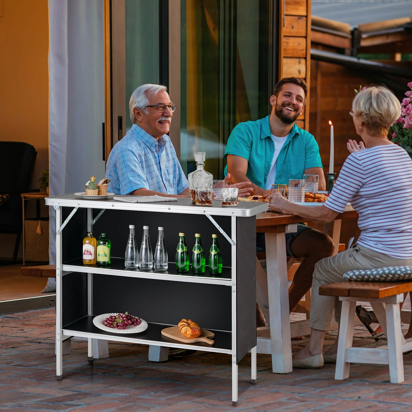 Black Outdoor Folding Table with 2-Tier Shelf for BBQ and Camping