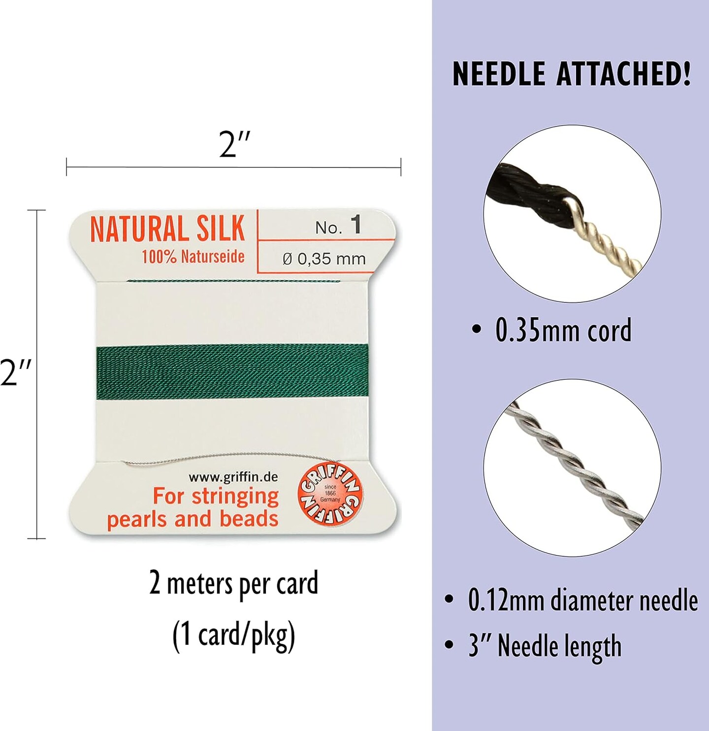 Griffin Silk Bead Cord Perlseide – Size 1 (0.35mm) – 2 Meters per Card – Stainless Steel Needle Attached – for Knotting Pearls, Gemstones, Crystals and Beads