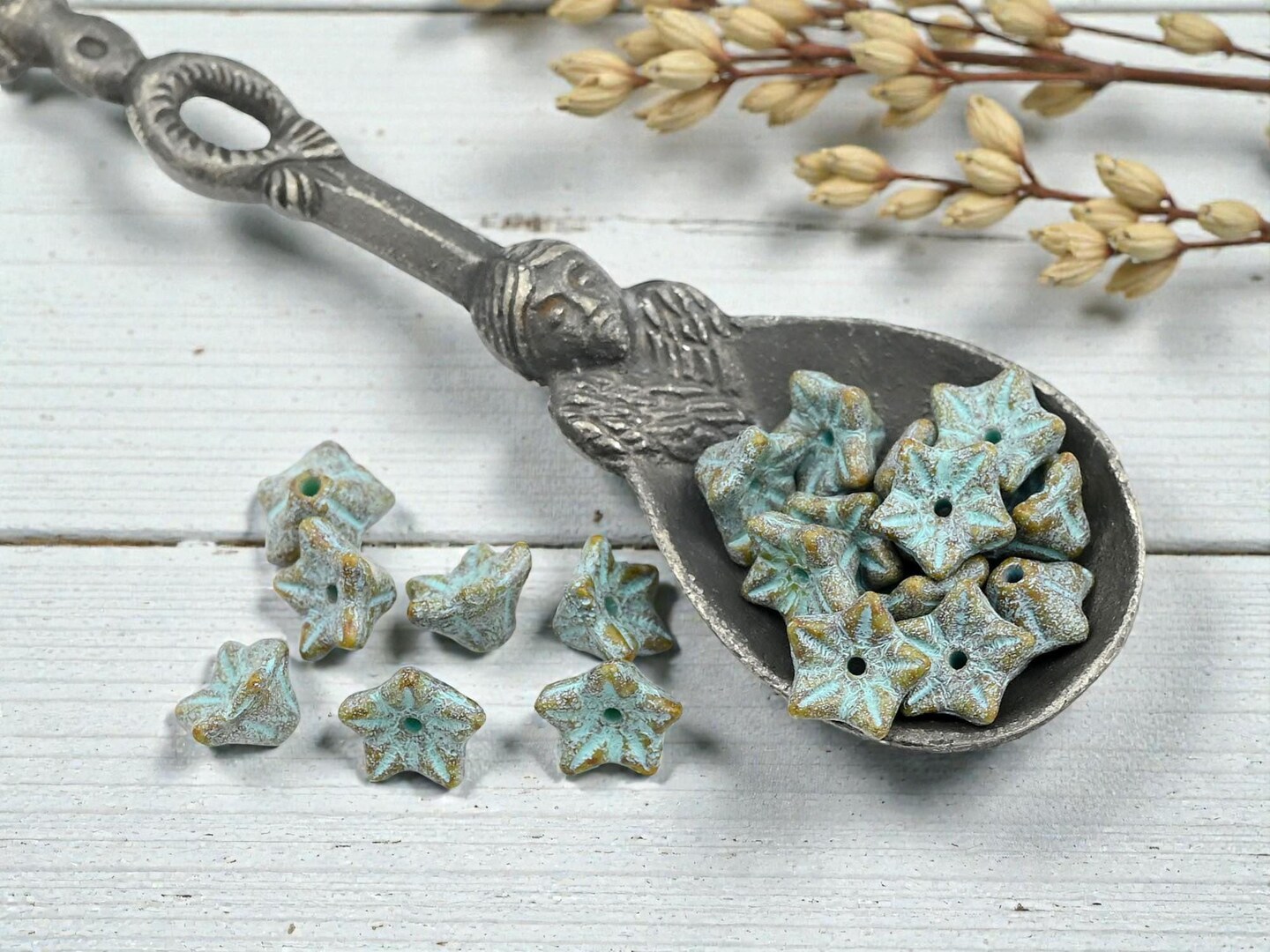 *25* 5x8mm Turquoise Washed Etched Tea Green Bell Flower Beads