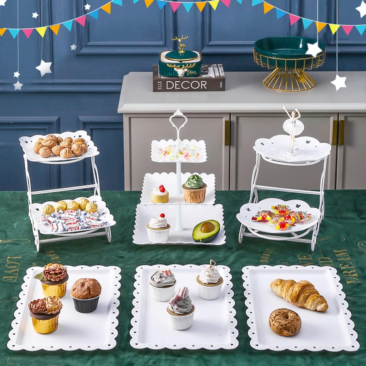 10 Pcs Cake Stand White Plastic Dessert Table Stand Set 4 Pcs 3 Tired Cupcake Display Stands Cookie Tray Rack Serving Tray Cake