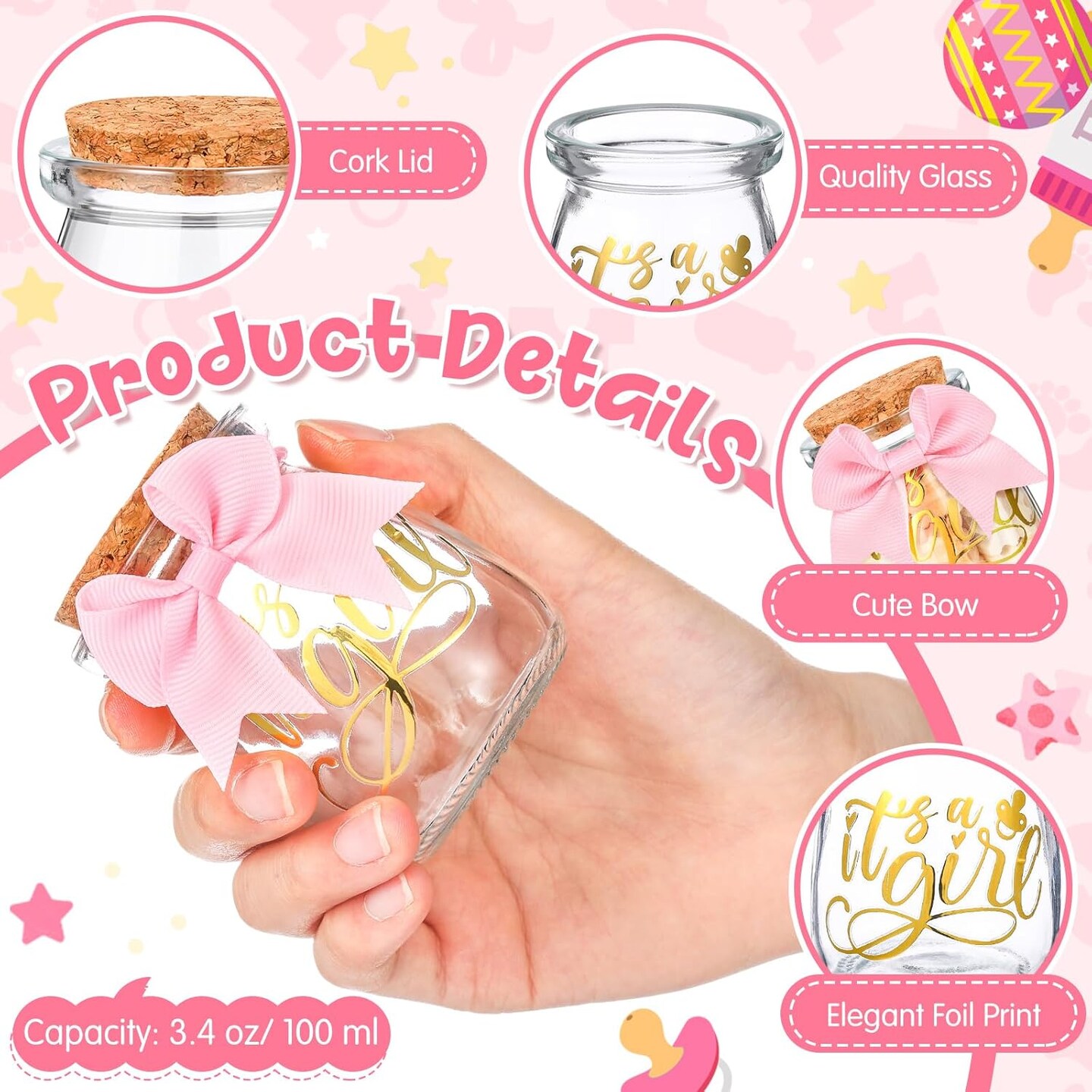 24 Sets Baby Shower Favors for Guests Glass Baby Shower Bottles 100 ml Milk Jar with Ribbons and Stickers Decorations