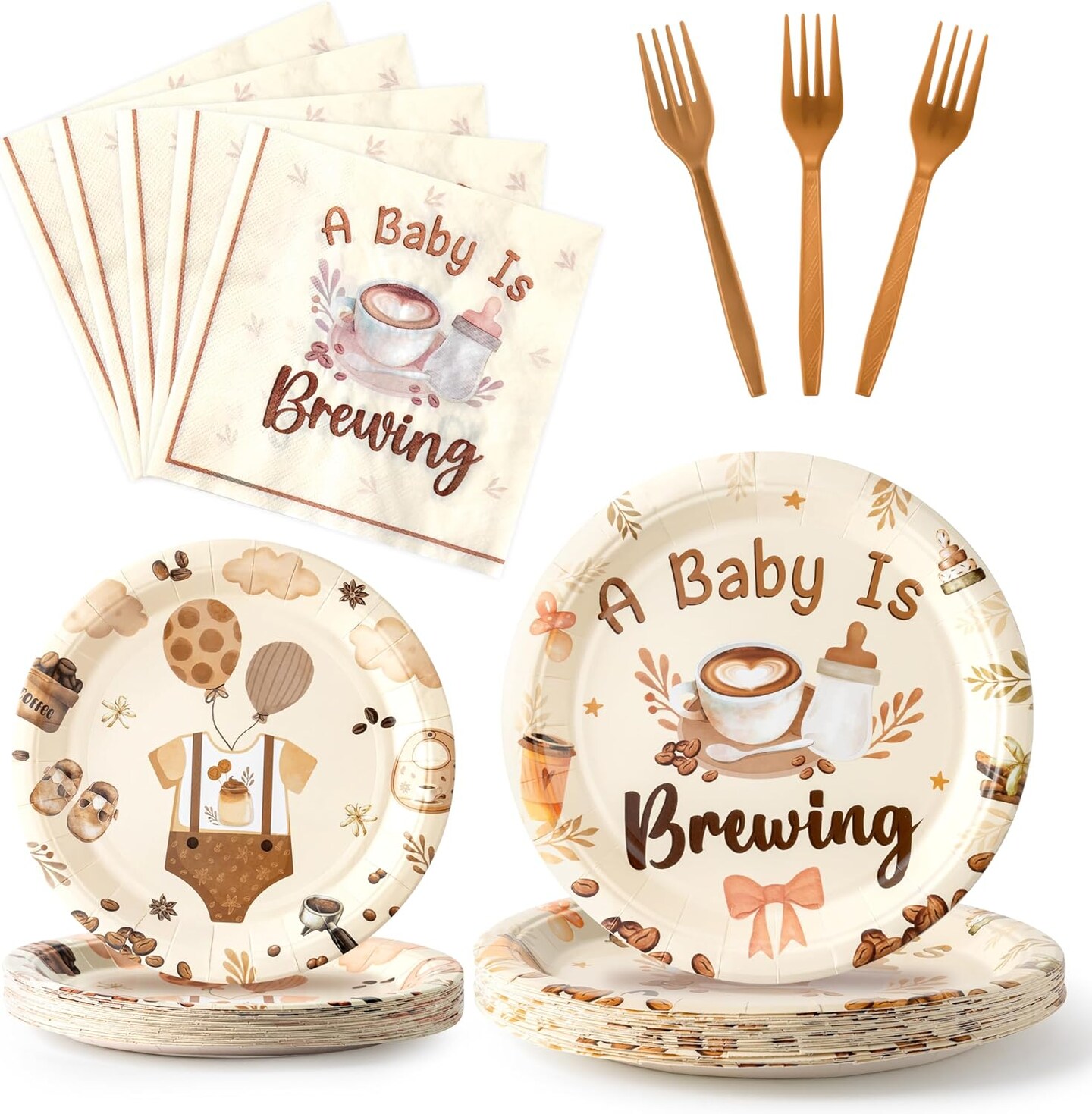 Coffee Baby Shower Tableware - 96PCS A Baby Is Brewing Theme Party Tableware Set Included Paper Plates Napkins and Forks