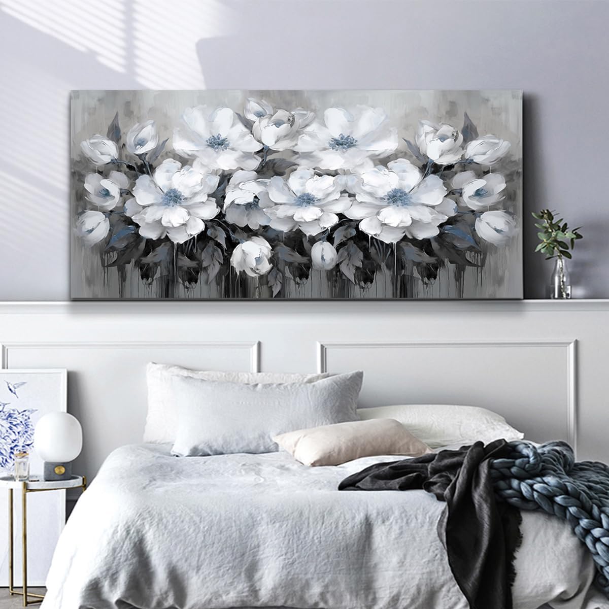 Living Room Wall Art - Gray and White and Blue Flower Canvas Wall Art