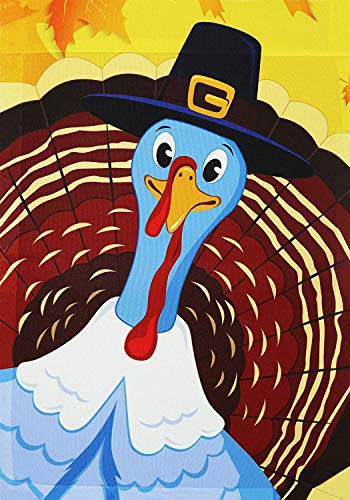 G128 - Home Decorative Thanksgiving Garden Flag, Joyful Pilgrim Turkey Decoration, | 12x18 Inch | Printed 150D Polyester - Rustic Holiday Seasonal Outdoor Flag