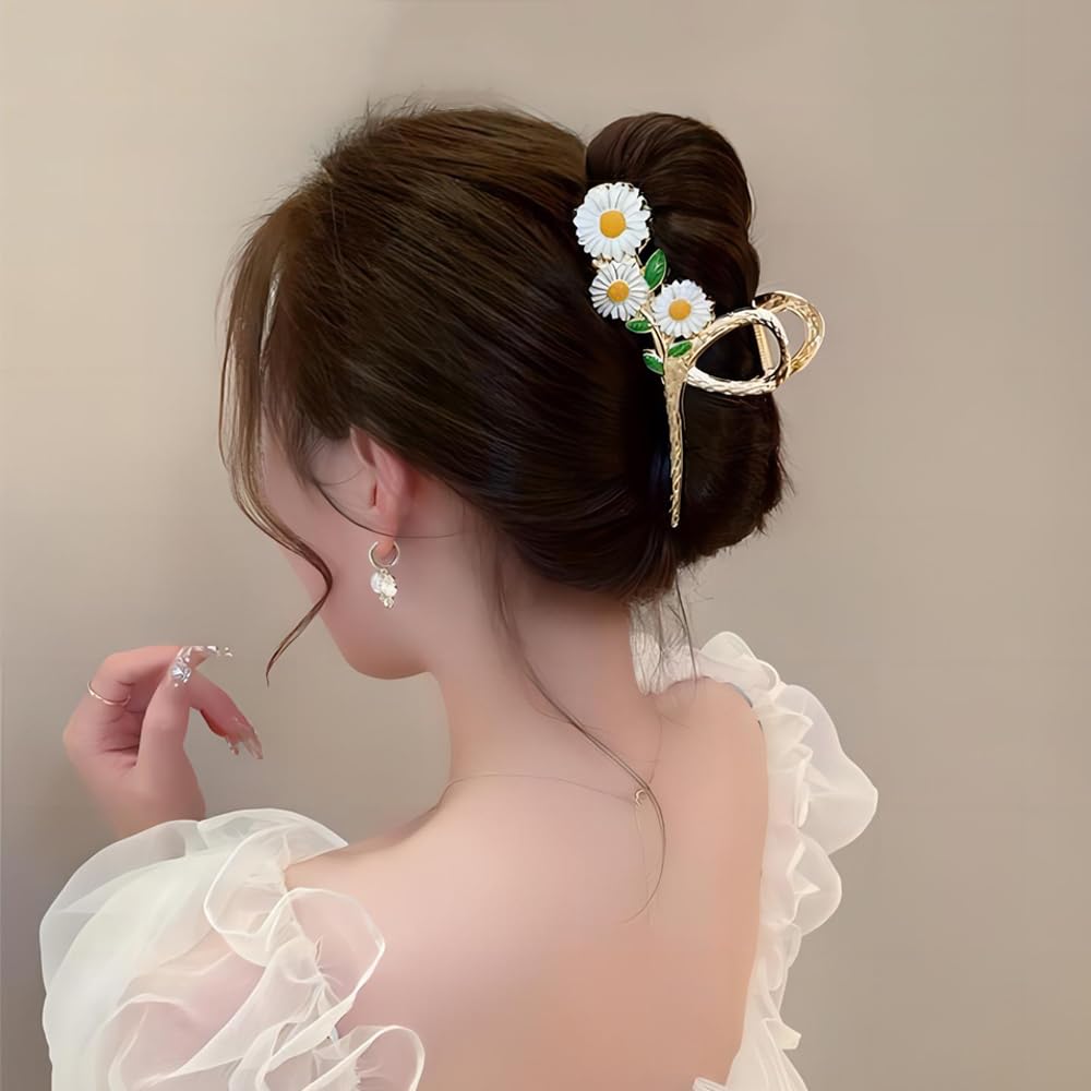 3 Pcs Metal Flower Claw Clip Set - Rose, Daisy, and Sunflower Large Hair Clips for Strong Hold on Women's Thick Hair(Gold)