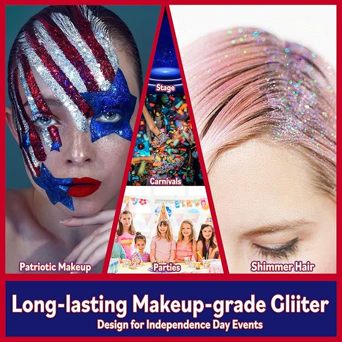 Chunky Body Glitter 4 Colors Cosmetic Patriotic Face Glitter Independence Day Hair Sequins Sparkle Veterans Day Eye Flakes 4th of July Accessories for Olympics Party Women Face Paint Makeup