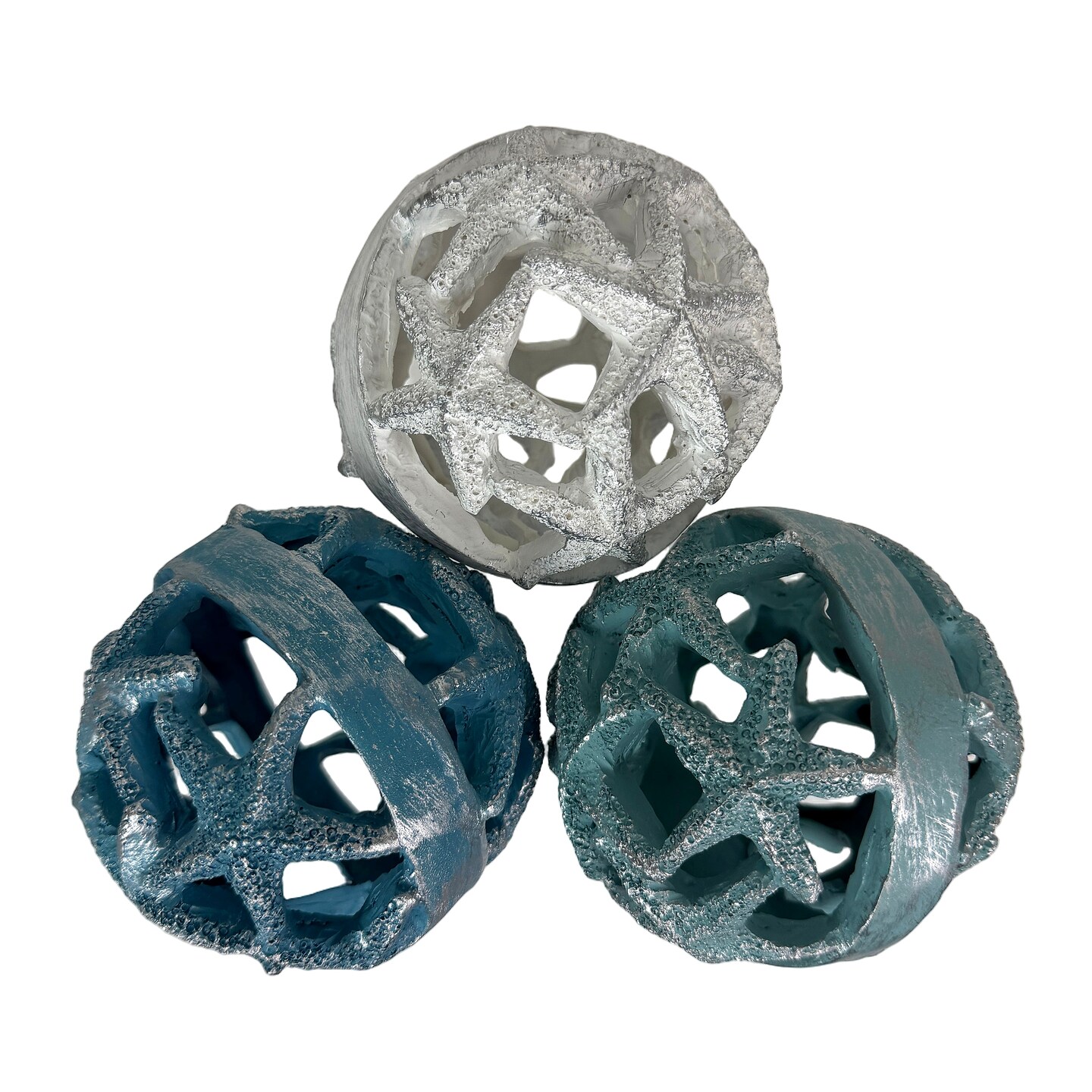 Decorative Orbs Set of 3 Starfish Coastal Resin 4 in Blue Aqua Sand Balls