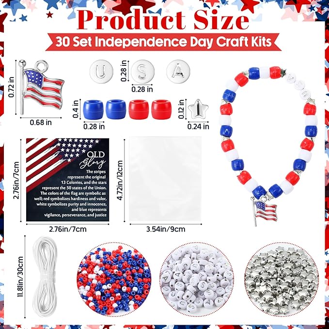 30 Sets Memorial Day Beaded Bracelet Kit, 1029 Pcs Red White Blue DIY Patriotic Bracelet Making Set with USA Letter Beads, Flag Charms, Cards and Bags for Memorial Day Party Favors