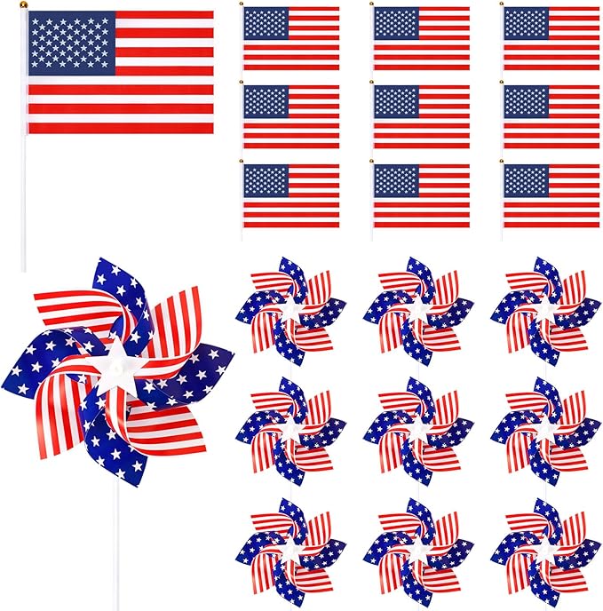 4th of July Decorations, 10 Pcs American Flag and 10 Pcs Patriotic Pinwheels Red White and Blue Independence Day Decoration for Parade Garden Lawn Party Supplies
