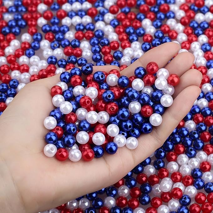 Red White and Blue Beads, 4th of July Beads 8mm Patriotic Beads for Crafts Red White Blue Fake Pearls, 4th of July Accessories 250 Anniversary Independence Day Beads for Jewelry Making 500PCS