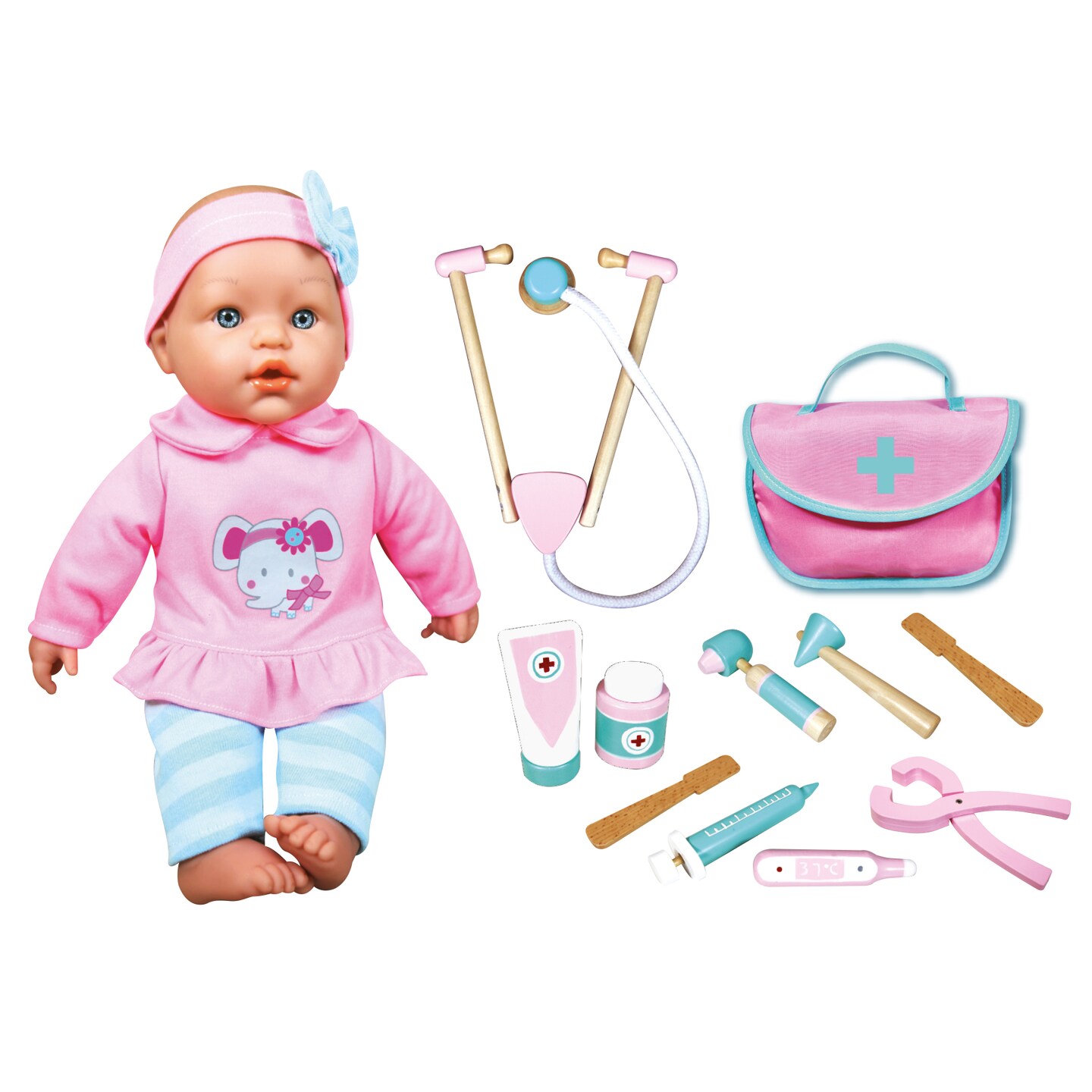 Lissi: 14" Doctor Baby Doll Set - Pink & Blue Elephant Outfit, Headband, Wooden Medical Care Accessories, Emergency Carry Bag, Roleplay Toy, Kids 3+