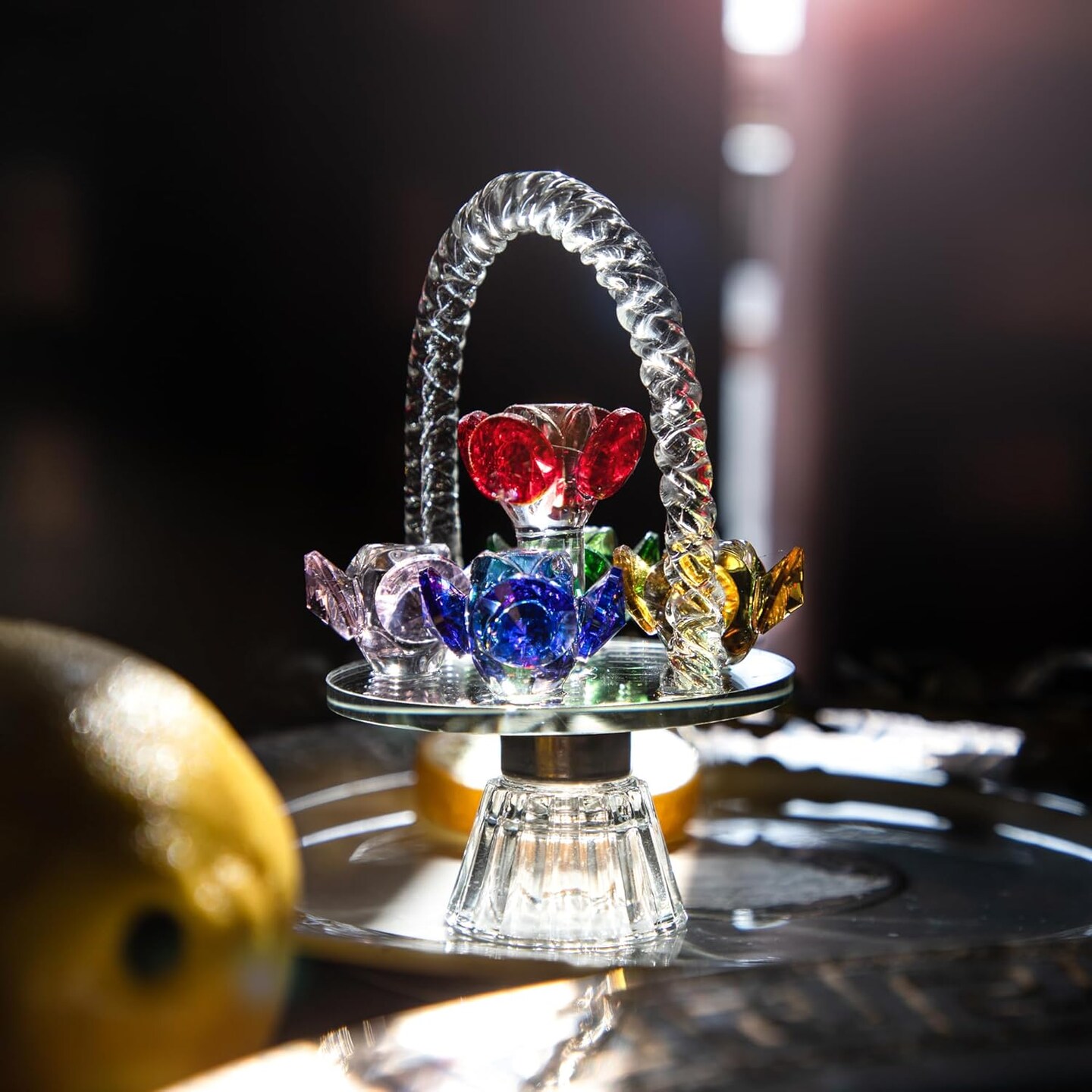 Colorful Crystal Flower Basket Figurine Ornament, Glass Flower with Rotating Base for Home Dress Table Centerpiece